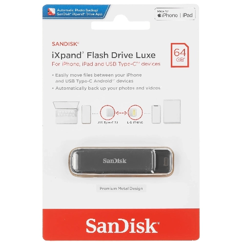 SanDisk iXpand Flash Drive Luxe for iPhone and USB Type-C Devices (SDIX70N-064G-GN6NN)