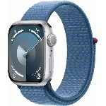 Apple Watch Series 9, 41 мм, корпус из алюминия серебристого цвета, нейлоновый ремешок цвета «ледяной синий»