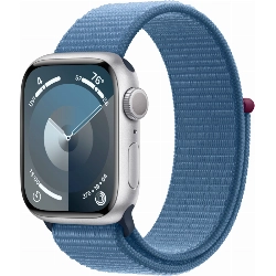 Apple Watch Series 9, 45 мм, корпус из алюминия серебристого цвета, нейлоновый ремешок цвета «ледяной синий»