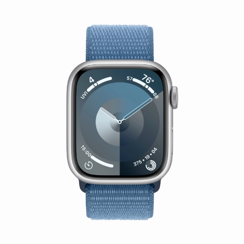 Apple Watch Series 9, 41 мм, корпус из алюминия серебристого цвета, нейлоновый ремешок цвета «ледяной синий»